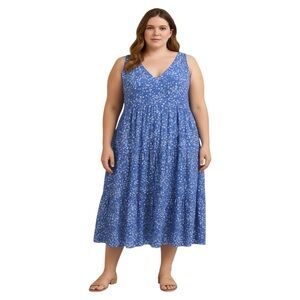 Penningtons Sleeveless V-Neck Blue White Heart Midi Dress Women's Size 14